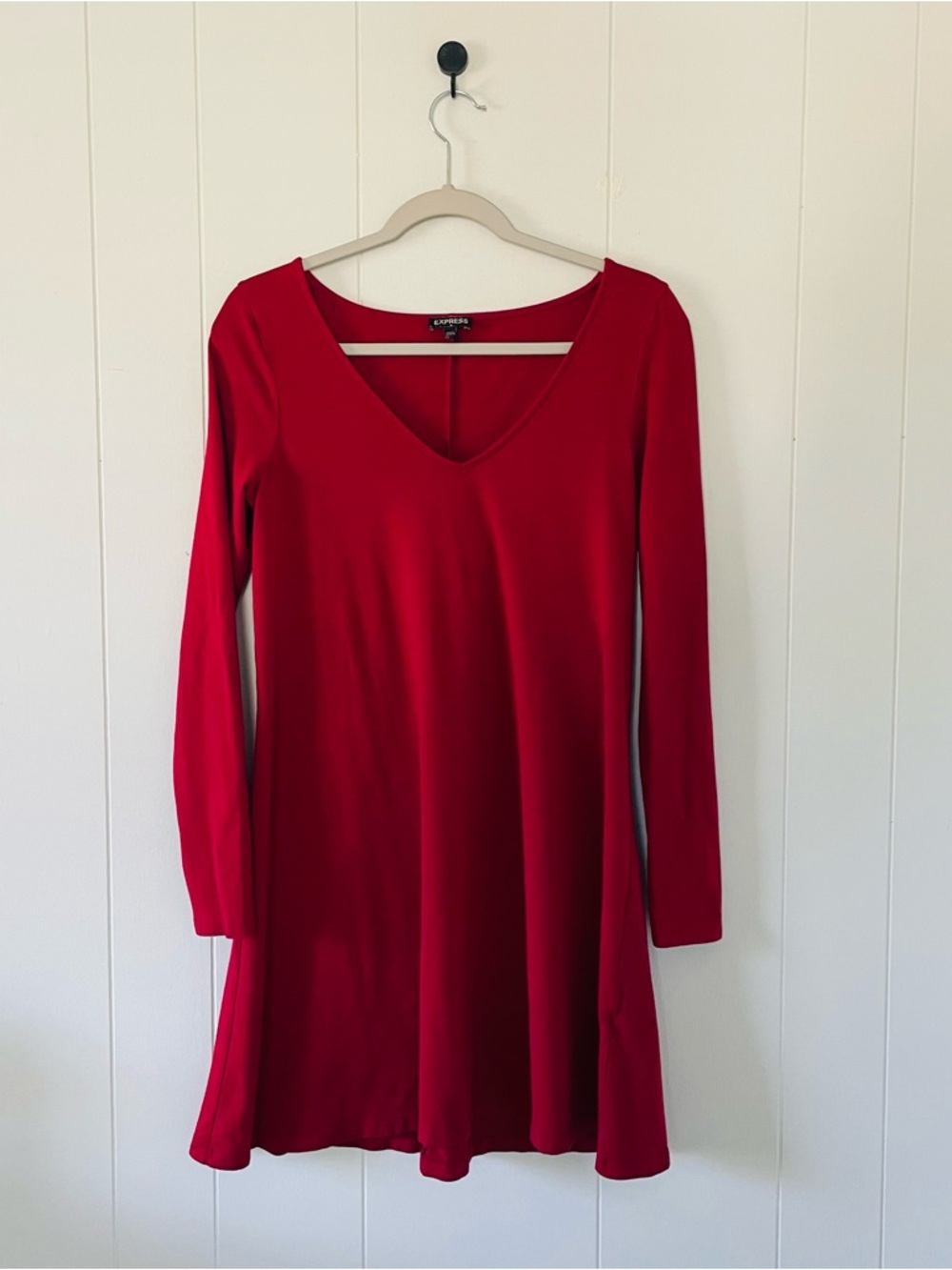 Express Red V-Neck Long Sleeve Swing Dress